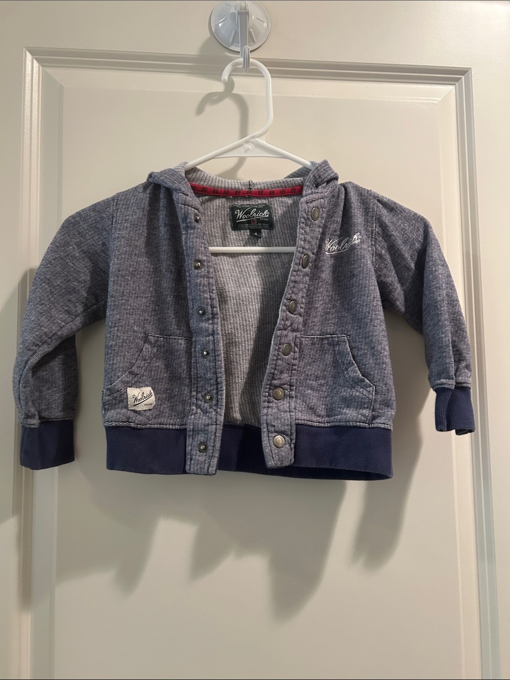 Woolrich Kids' Blue Hooded Snap-Front ribbed trim Jacket embroidered logo size 4
